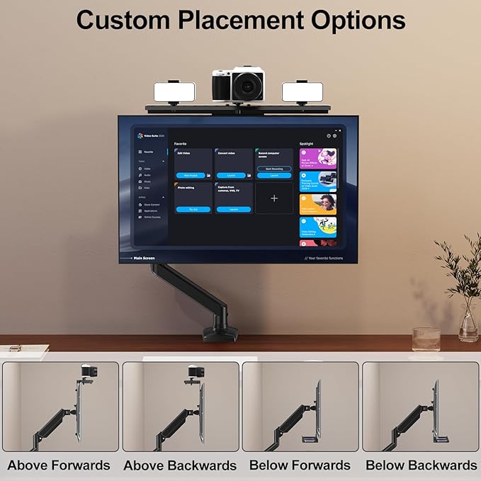DSLR Monitor Mount Hold up to 11 lbs, Monitor Top Shelf for Livestream Device, Camera Mount, Webcams, Microphones, Lighting and More, Fits VESA Mount 75/100mm, Height Adjustable