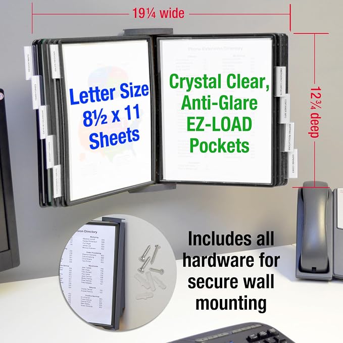 Ultimate Office AdjustaView FastFind 10-Pocket Wall Mounted Reference Display Organizer with All Black EZ Load Pockets to Display 20 Sheets of Your Most Important Letter Sized Documents