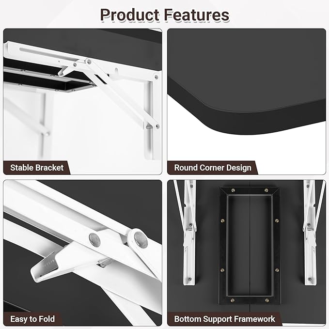 Wall Mounted Folding Desk 23.6” x 15.7”, Drop Down Table with Metal Collapsible Brackets, Folding Wall Table for Small Spaces, Home, Office, Kitchen, Laundry Room-Black