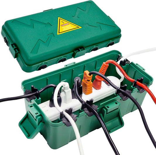 Hrensaw Medium Outdoor Electrical Box(10.6x5.7x4.9inch),Weatherproof Connection Box w/6 Cable Entry,IP54 Waterproof Extension Cord Cover Protect Power Strip,Timer,Plug,Holiday Lights,Green
