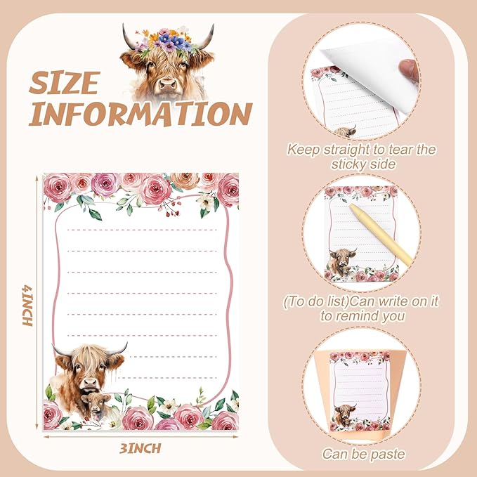 12 Pieces Highland Cow Sticky Notes 3x4 Inch Animal to Do List Just Loves Butterfly Sunflower Memo Notes Highland Cow Gifts Home Kawaii Cute Office Supplies