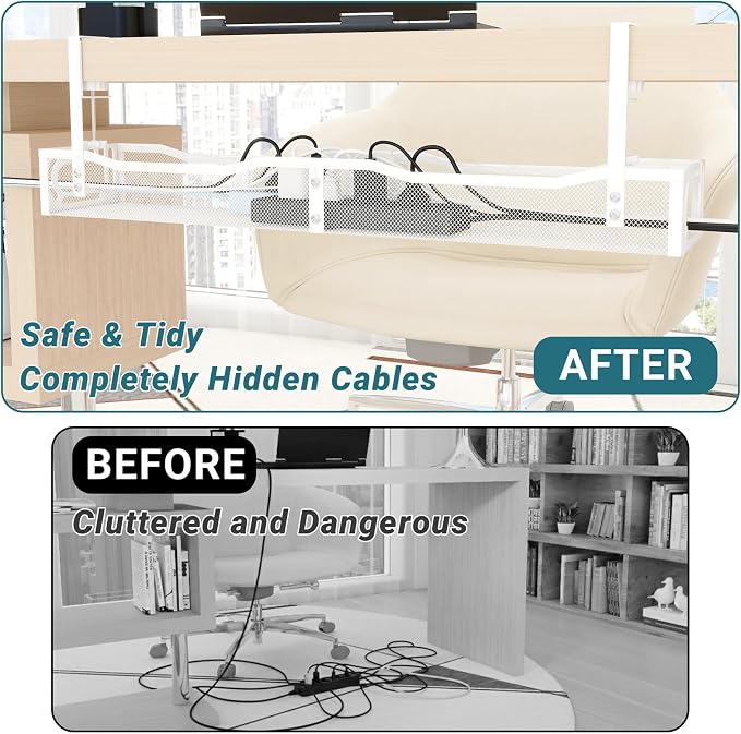 Cable Management Under Desk, 25.3'' No Drill Desk Cable Management Tray with Clamp, Metal Cord Organizer for Standing Desk, Computer Wire Management for Home Office & Gaming Setup, White