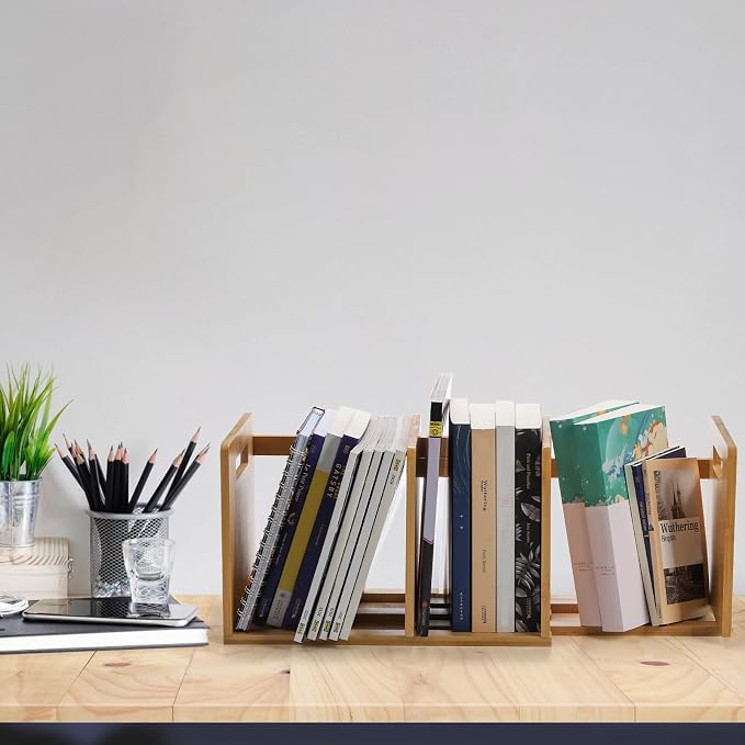 ZOOFOX Bamboo Desktop Bookshelf, Expandable Desktop Organizer, Small Display Shelf Book Rack for Office Supplies, Home Tabletop
