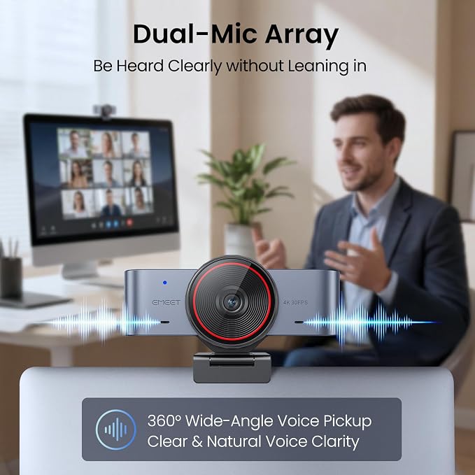 EMEET C960 Ultra 4K Webcam for Mac & PC, 1/1.5" Large Sensor, Metal Body, 0.2s Autofocus, DRC, Whiteboard Mode, Built-in Privacy Cover, 2 Mics, USB Webcam 4K for Meetings, Streaming & Content Creation