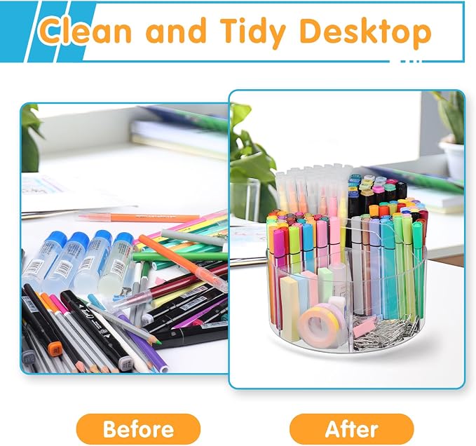 Mefirt Acrylic Pen Holder, 2 Pack 360 Rotating Organizer With 6 Compartments, Desk Office Storage for 800 Pens, Markers, Crayons and Art Supplies