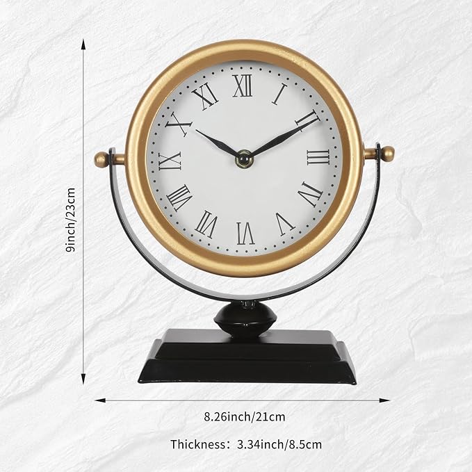 Vintage Analog Table Clock Battery Operated Silent Gold | Vintage Decor, Living Room Bedroom Office Shelf, Farmhouse Mantel Fireplace, Non-Ticking Silent, Small, Gold Desk Retro Style