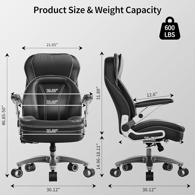 Big and Tall Office Chair, Heavy Duty Desk Chair with 5D Arms, Adjustable Lumbar Support & Height, Tilt Function, PU Leather High Back Ergonomic Executive Computer Chair