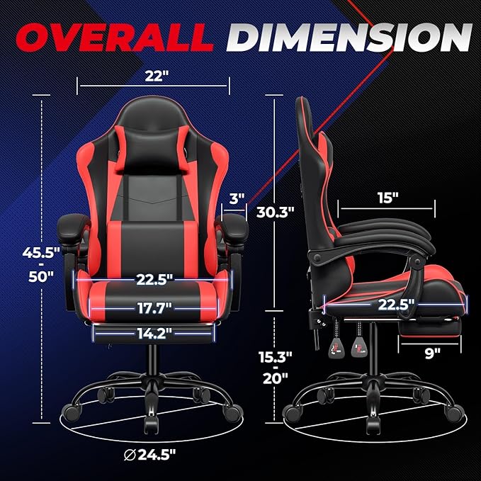 Auto Dynasty Ergonomic Gaming Chair, High-Back Office Chair w/Adjustable Lumbar Support, Linkage Armrest, Headrest & Footrest, 350LBS Recliner Swivel Computer Game Racing Chair, Red/Black