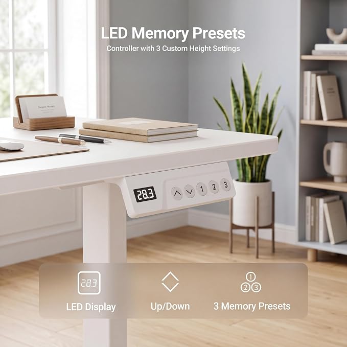 Claiks 32 x 19 Inch White Electric Standing Desk | Adjustable Height, Sit Stand, 3 Memory Presets, Cable Management, Space-Saving, Home Office & Bedroom