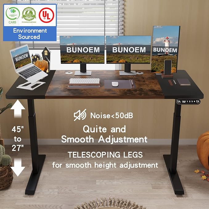 Height Adjustable Electric Standing Desk, 63x30 Height Stand Up Computer Desk,Sit and Stand Home Office Desk with Splice Board (Brown+Black Top, Black Frame)