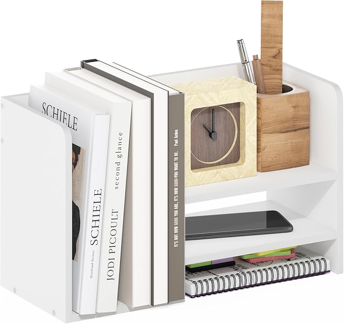 Furinno HERMITE Desk Organizers, Office Organization with Accessories and Vertical File Holder, 3-Shelf Desktop Book Shelf, for Office Supplies, Desk Accessories, for Study Room, Dorm, White