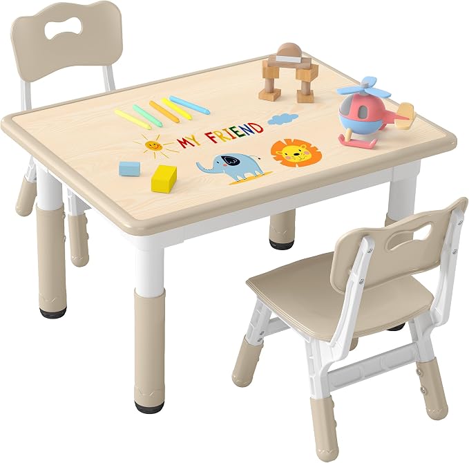 DOREROOM Adjustable Kids Table & 2 Chairs Set, 31.5" L x 23.6" W, Natural-W | Graffiti Desktop,Table Supports 300 lbs,Toddler Ages 2-8，FSC-certified, Children Activity Table for Daycare, Classroom, Home