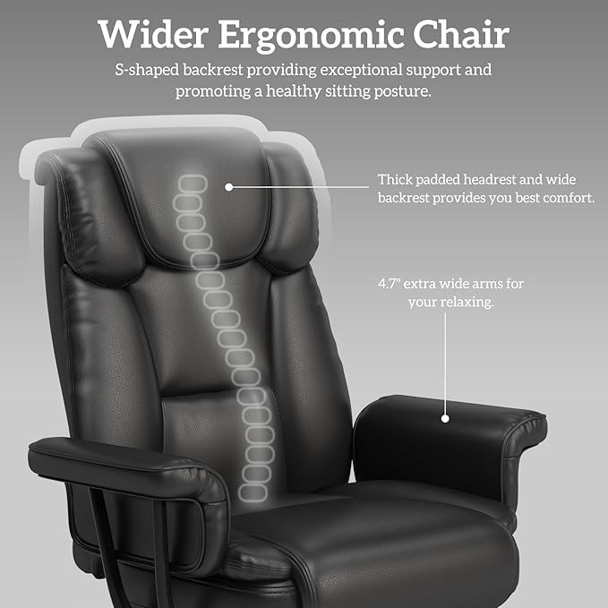 GYI 160 Reclining Office Chair with Footrest, Big & Tall Desk Chair, Black | Cross Legged Seat, High Back, Faux Leather, Heavy Duty Base, Adjustable Height, for Home, Executive