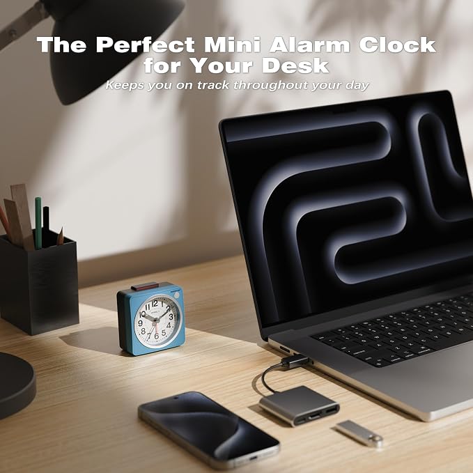 AYRELY® 2.6" × 1.4" Ultra Small Battery Operated Analog Travel Alarm Clock | Silent Non-Ticking Retro Bedside Table Clock with Snooze, Light and Easy Top Alarm Switch for Travel and Bedrooms (Blue)