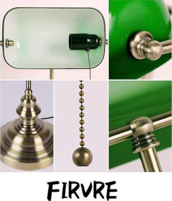 FIRVRE Green Bankers lamp, Antique Desk Lamps with Brass Base, Library Lamp with Pull Chain, Retro Desk Lamp for Home Office, Study Room, LED Bulb Included