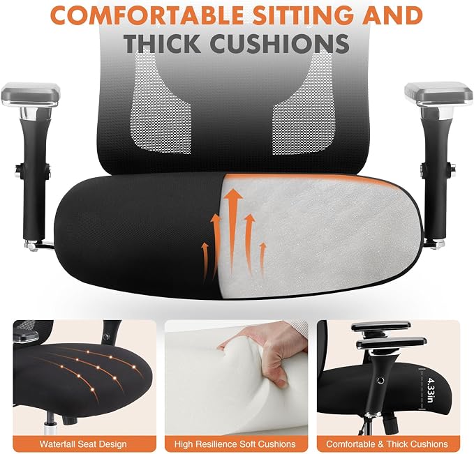 Sweetcrispy Big and Tall Office Desk Chair with Lumbar Support, 500lbs Heavy Duty Mesh Ergonomic Computer Chair with 4D Armrest and Wide Comfy Seat, Wheels for Adult, Black