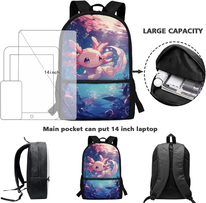 WELLFLYHOM Personalized Axolotl Jellyfish Kids School Backpack Girls 6-8 Years Old Custom 4 Pcs Book Bag with Lunch Box Pencil Case Water Bottle Sleeve for Elementary Primary School Blue