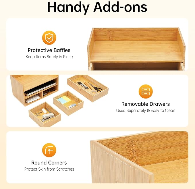 Desk Organizer, Office Vanity Bamboo Desk Organizer, Mini Bamboo Desk Drawer Tabletop Storage Box with 3 Drawer Night Stand Table Organizer for Makeup Vanity Office Supplies (3 Drawer, 1 Top+2 Bottom)