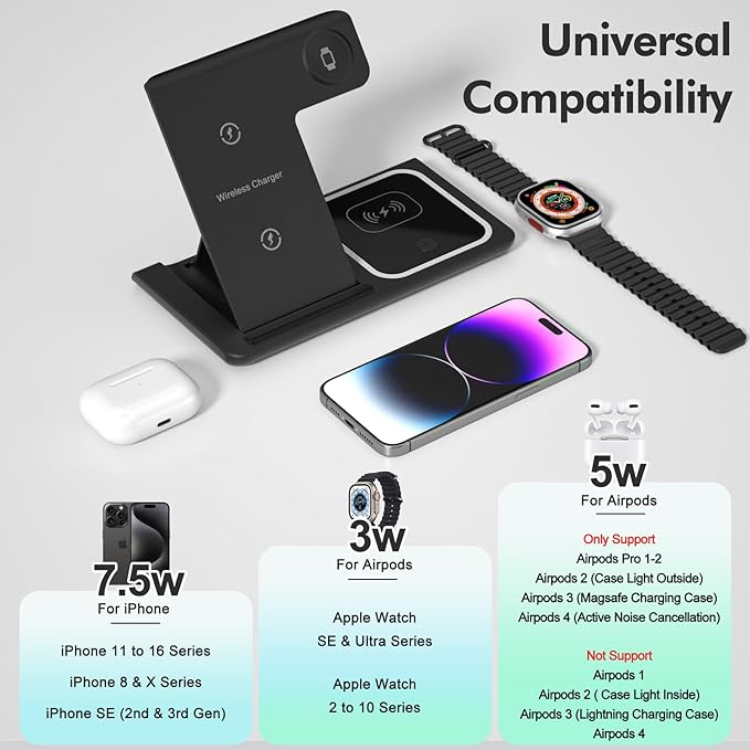3 in 1 Wireless Charger Charging Station, Wireless Charger Stand for iPhone17 16e 16 15 14 Pro Max 13 12 11,Charging Dock for AirPods 4 3 2 Pro, Apple Watch 11/10/9/Ultra/8/SE/7/6/5/4/3