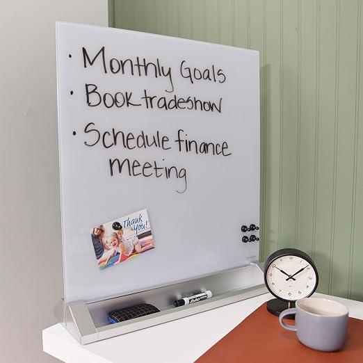 ECR4Kids MessageStor Glass Dry-Erase Board with Storage Stand and Magnets, White Board, White