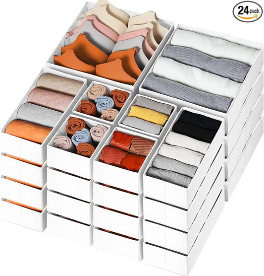 Drawer Organizer Clothes, 24 Pack Dresser Organizer Bins for Nursery Bedroom, Closet Organization and Storage Dividers for Clothing, Baby Clothes, Underwears, Socks (White)