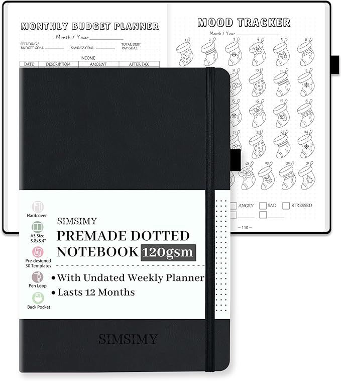 Premade Dotted Journal Notebook with Bullet Templates, Pre-made Dot Grid Journaling with Undated Weekly & Monthly Planner, Various Trackers, Lasts 1 Year, A5