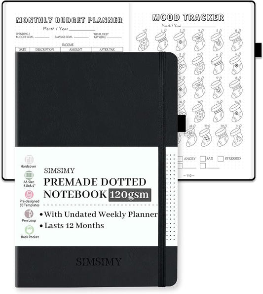 Premade Dotted Journal Notebook with Bullet Templates, Pre-made Dot Grid Journaling with Undated Weekly & Monthly Planner, Various Trackers, Lasts 1 Year, A5