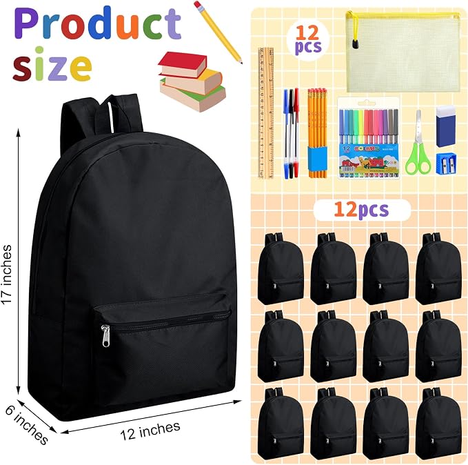 Silkfly 24 Pack 17'' Backpacks Bulk with 24 Stationery Supply Sets, Bookbags and Writing Accessories Kit for Donation(Black)
