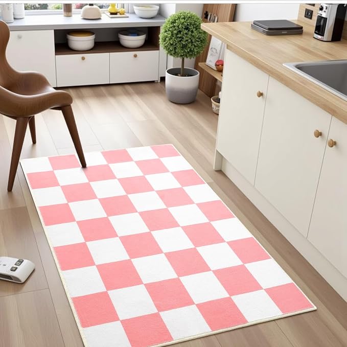 Terrug Pink and White Checkered Rug for Entryway,2x3 Small Area Rugs Washable with Non Slip for Kitchen,Soft Low Pile Retro Carpet for Bedroom Front Door Porch