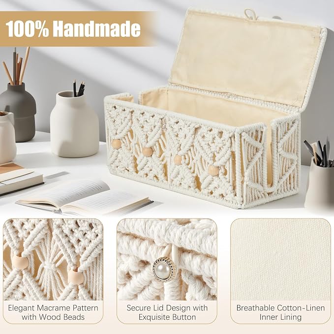 2PCS Cable Management Box Handmade Macrame Cord Organizer Basket | Power Strips Outlet Storage Router TV Wire Hider Cover Under Desk Natural Cotton Rope Woven, w/ Lid, Off White, Large&Medium
