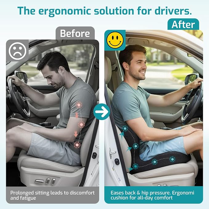 Trucker Seat Cushion, Thick Car Seat Cushions with Lumbar Support Pillow, Ergonomic L-Shaped Orthopedic Memory Foam for Long Driving Lower Back Pain Sciatica Relief, Gift for Drivers (Black+ Gray)