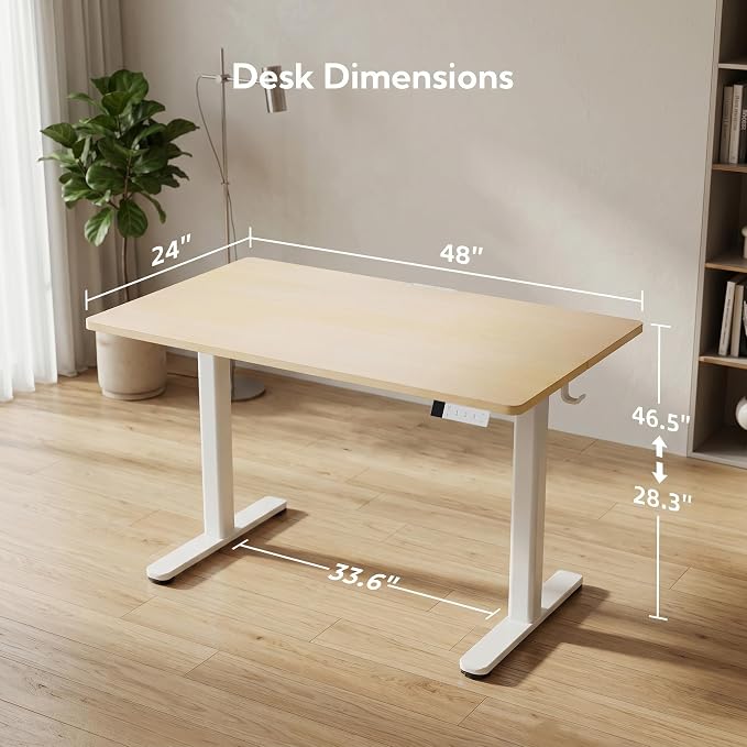 Claiks Electric Standing Desk, 48x24 Inch, Nature | Adjustable height for sit-stand, 156lbs capacity, scratch-resistant surface, 3 memory presets, cable management & hook.