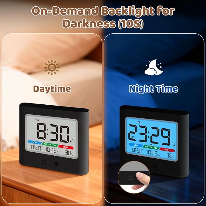 ALANAS Small Battery Operated Alarm Clock, Date Temperature Humidity Diaplay, Compact Travel Digital Clocks, Snooze, Backlight, Wall Mountable, for Student Dorm, Small Spaces, Desk, Shelf