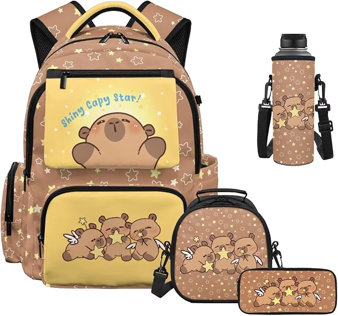 WELLFLYHOM Capybara Stars Bookbag for Girls 8-12 4 PCS School Backpack Set Kids Book Bag with Lunch Box Pencil Case Water Bottle Sleeve Back to School Supplies Gift for Kids