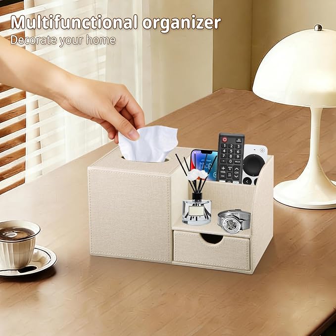 Nightstand Organizer with Tissue Holder,PU Leather Square Tissue Box Cover | Modern Facial Paper Organizer Storage Box for TV Remote Control,Bathroom,Vanity Countertop,End Table,Home and Office Decor