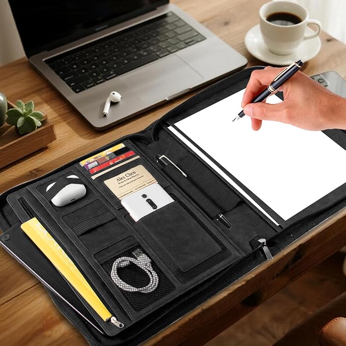 Leather Business Portfolio Organizer 13.4", Padfolio Binder for Women with Zipper, Fits 13" Laptop/Cellphone Charger Legal Pad Portfolio Document Folder ﻿ (Black)