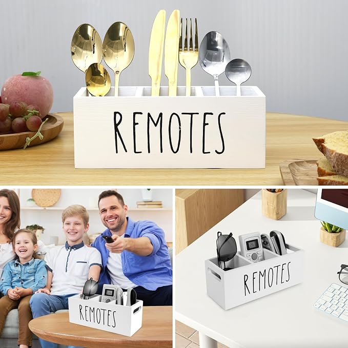 Remote Control Holder, Wooden TV Remote Holder for Table, 3-Compartments Bedside TV Controller Caddy, Wood Remote Organizer Box, Multi-functional Media Organizer Tray for Home Bedroom Nightstand