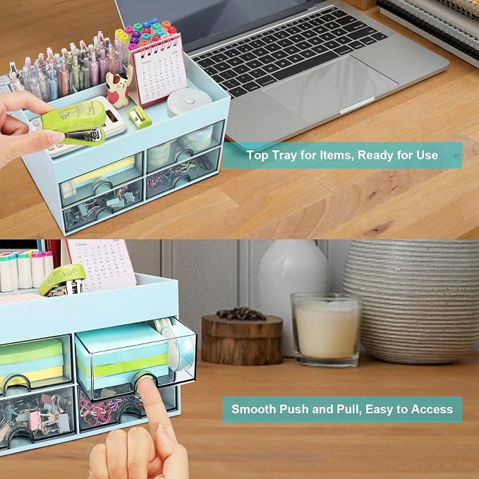 Meiikun Desk Organizer, Office Organizer with Drawer, Desk Accessories & Workspace Organizers, Pen Holder Office Supplies for Desk (4 Drawers+4 Compartments, Blue)