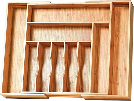 Extra Large Expandable Kitchen Siverware Utensils Drawer Organizer, 19" Deep for Big Drawer, Adjustable Bamboo Wood Drawer Divider with Curved Grooves, Cutlery Tray Flatware Holder