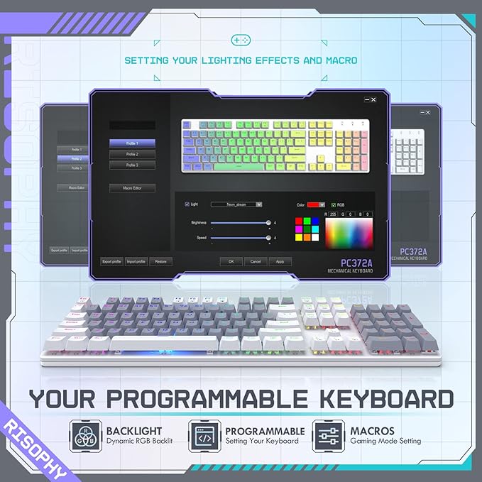 RisoPhy Wireless Mechanical Keyboard, Triple Mode 2.4G/USB-C/Bluetooth Gaming Keyboard, 104 Keys Programmable, Customize RGB Backlit, Red Switch, Bicolor PBT Keycaps, Rechargeable Wired for Laptop PC