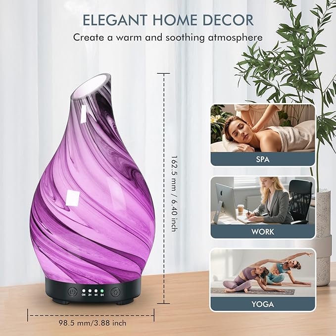 Essential Oil Diffuser Aromatherapy Diffuser - Art Glass Oil Diffuser with Auto Shut-Off Protection 4 Timer Setting 7 Colors Changed LED Night Light for Home Office Decor Gift (Grey Diffuser)