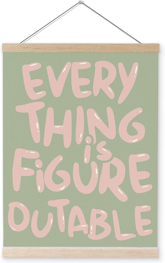 YQDEJ Pink Green Everything Is Figureoutable Inspirational Wall Art Poster Hanger Frame, Pink Green Positive Affirmations Wall Decor, Motivational Wall Art for Home Office Classroom, 12x16 Inch