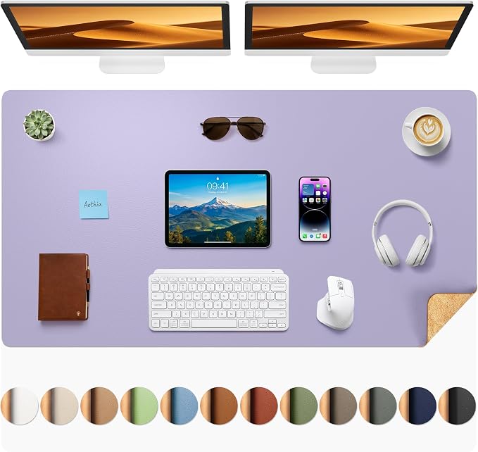 Aothia Dual-Sided Desk Mat, FSC Cork & PU Leather Desk Pad, Large Mouse Pad & Writing Surface for Full Desk Coverage, Non-Slip Waterproof Desk Protector - 47" x 23.6", Light Purple