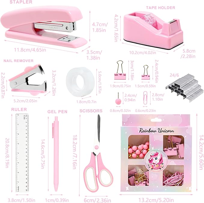COMFYROOM Pink Desk Accessories with Pen Holder, Pink Office Supplies Desk Organizers and Accessories for women, Tape Dispenser, Stapler, Staple Remover, Staples, Clips Set, Ruler, Scissor, Pen, Tape