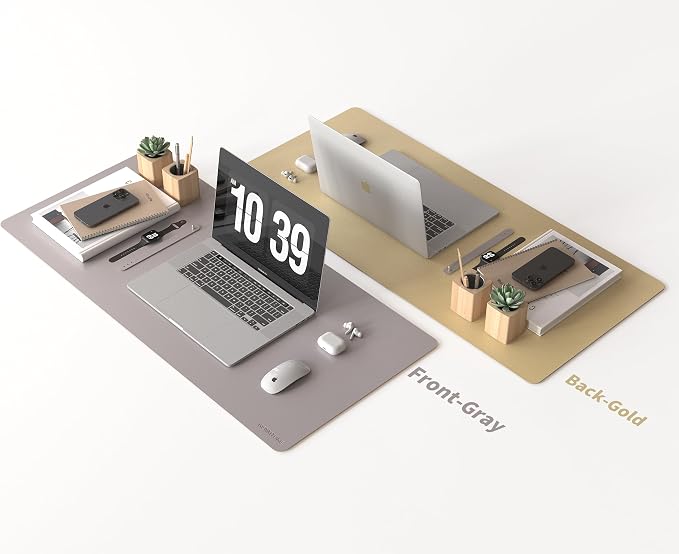RENMTURE Double-Sided Two-Tone Faux Leather Desk mat Desktop Organization and Accessories Home and Office Large Mouse pad Game and Work (Gray/Gold, 36"x17")