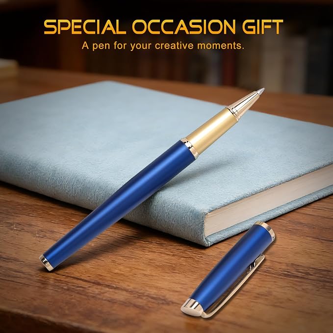 ZHKUVE Luxury Rollerball Pen, Stunning Blue Lacquer with 24K Gold Trim, Switzerland Tip with Black Ink Refills, Elegant Gift Set for Men & Women, Executive Writing