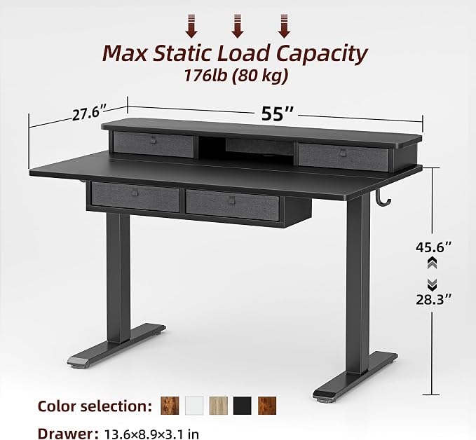 TIQLAB 55 * 28 Inch Standing Desk with Four Drawers, Electric Sit Stand Table, Stand Up Desk Adjustable Height with Storage Shelf, Splice Board, Black