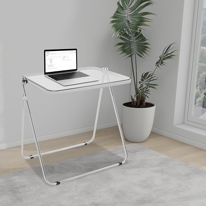 Acrylic Folding TV Tray Table, Small Portable Square Laptop Desk, End Side Table Modern Square Table for Home Office, No Assembly Space-Saving Side Table with Metal Frame (Clear)