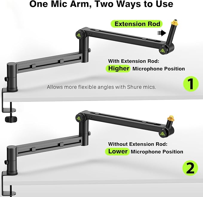 AA AUDIO ACCESSORY Mic Arm Desk Mount (Design for Heavy Mic) 6.6lbs Load Capacity, Stable Gear Lock Never Sags, Metal Low Profile Microphone Boom Stand for Shure SM7B SM7dB MV7, Blue Yeti, Rode PodMic
