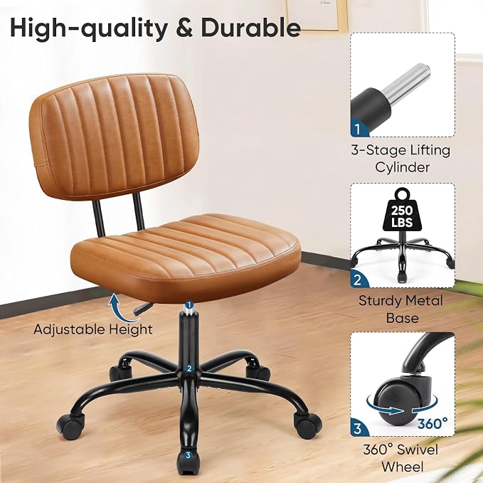 DUMOS Small Office Desk Chair, Armless Vanity Chair with Lumbar Support | PU Leather, 360° Rolling Task, Height Adjustable, Home Bedroom, Adult, Student, Brown